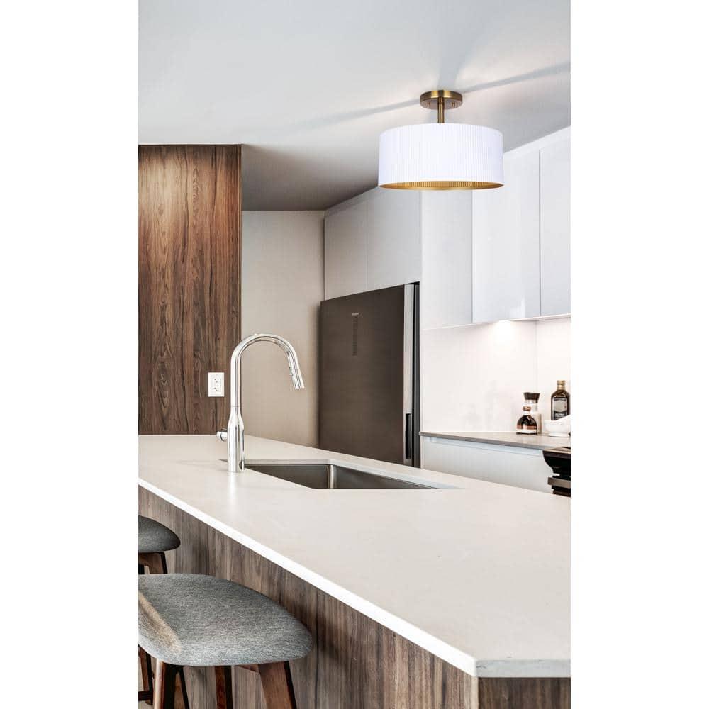 REXTON 13 in. 2-Light 60-Watt Contemporary Matte White Semi- Flush Mount with Matte White with Gold Metal Shade