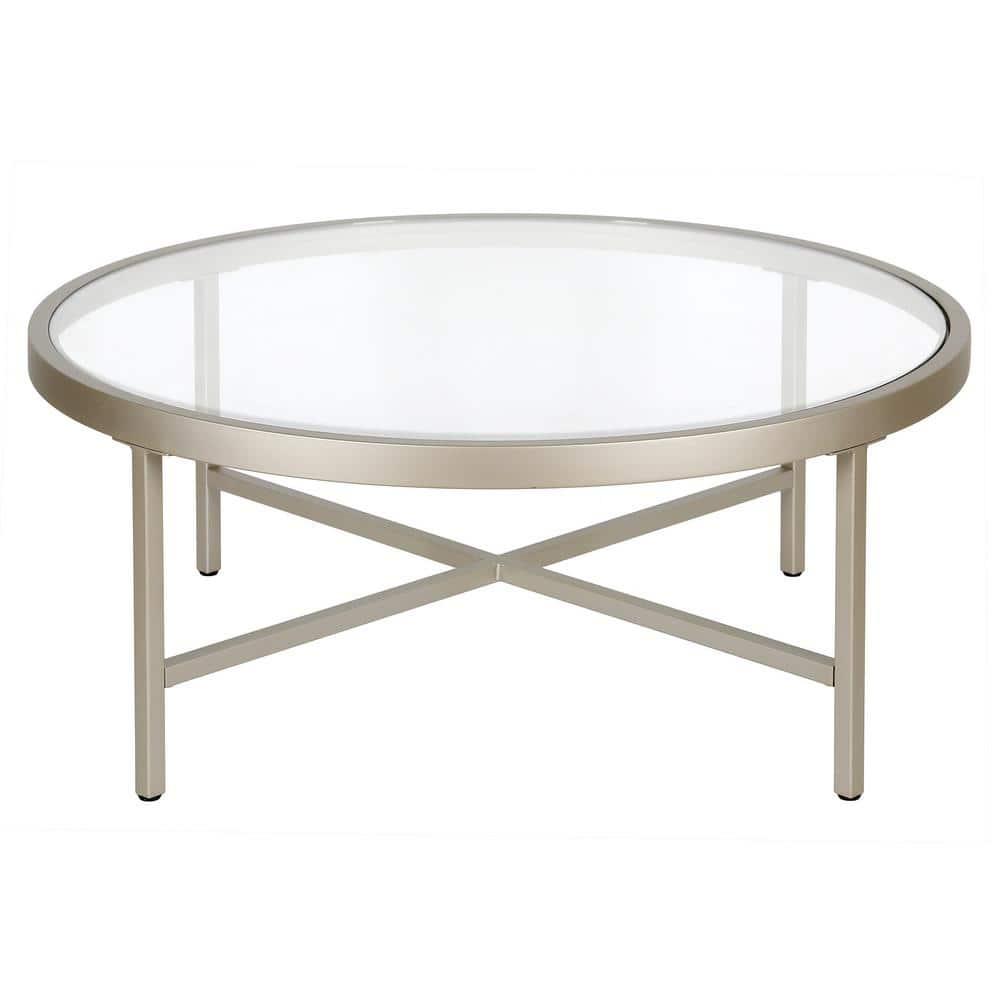 Evelyn&Zoe Xivil 36" Wide Round Coffee Table with Glass Top, Satin Nickel