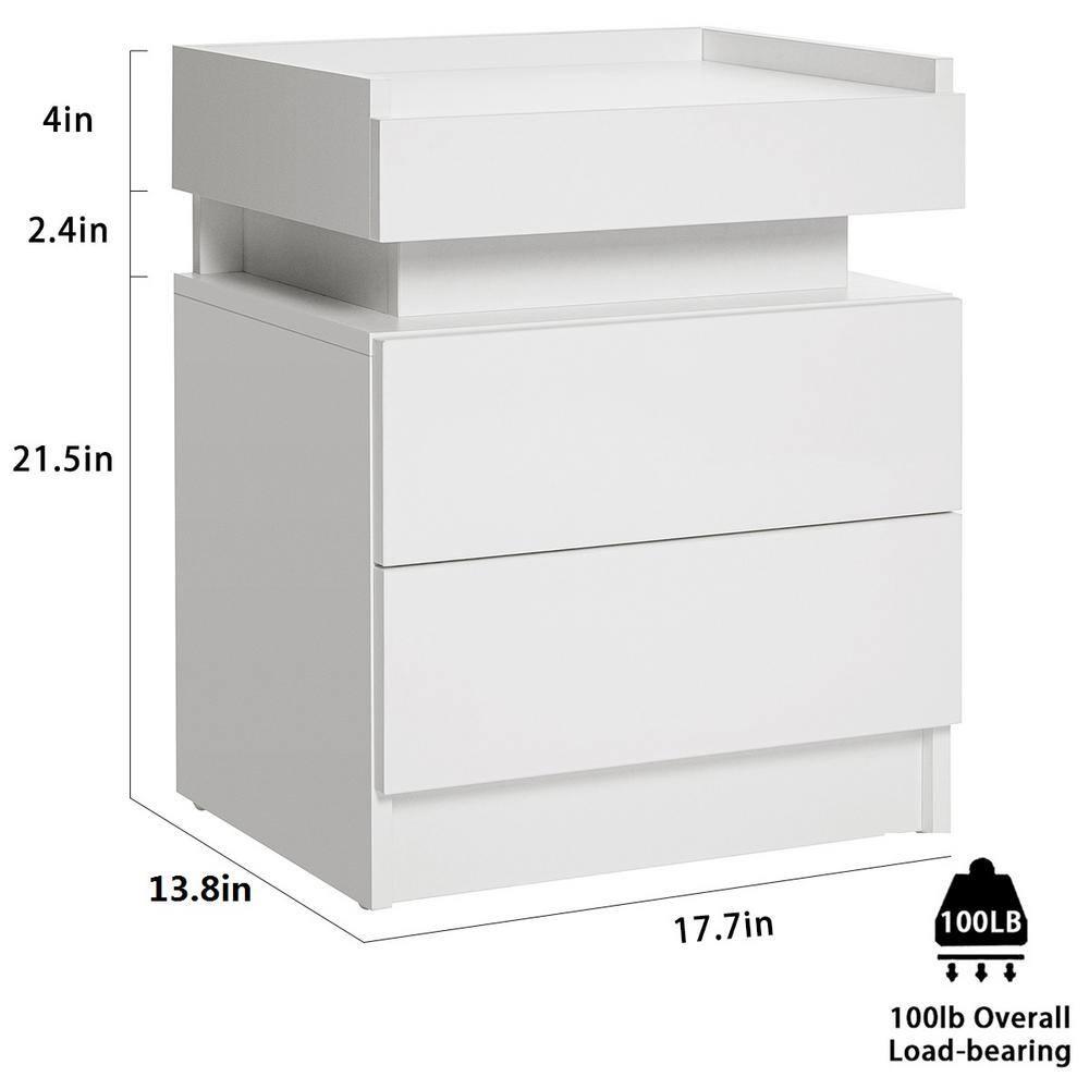 Hommpa High Gloss Tall 2 Drawer Nightstand LED Bedside Table Cabinet Bedroom Furniture White