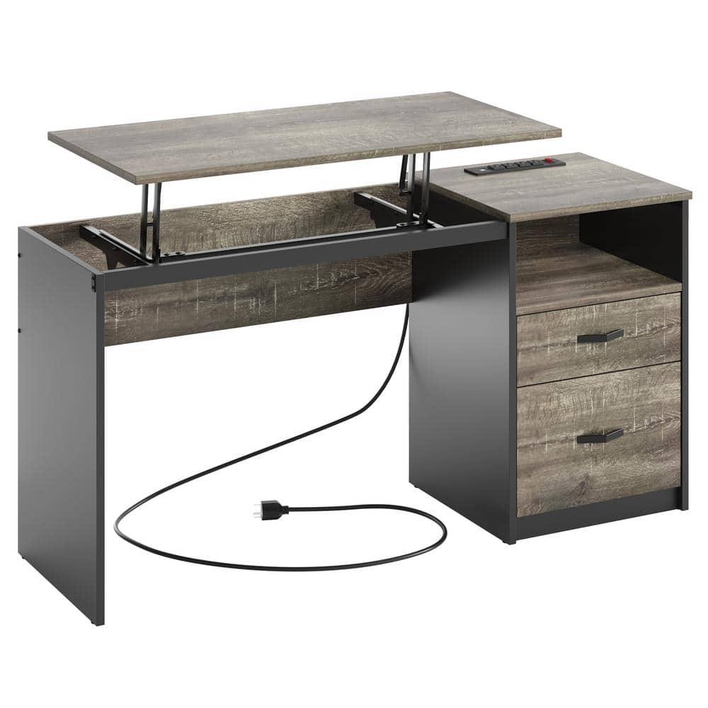 Bestier 60" L Shaped Desk with Power Outlets & Drawer, Lift Top Corner Computer Desk with Storage Shelves, Large Workstation for Home ,Gray