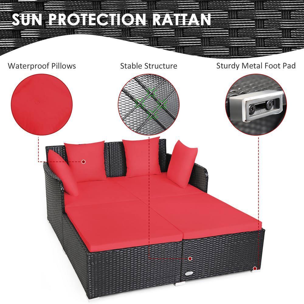 Costway Outdoor Patio Rattan Daybed Thick Pillows Cushioned Sofa Furniture Red