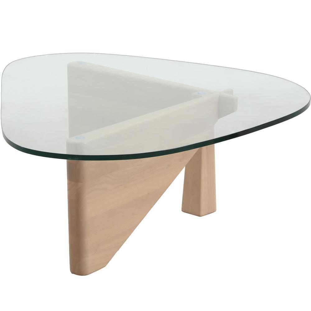 LeisureMod Imperial Collection Triangular Glass Top Coffee Table with Glossy Ash Wood Base for Home, Living Room, Office