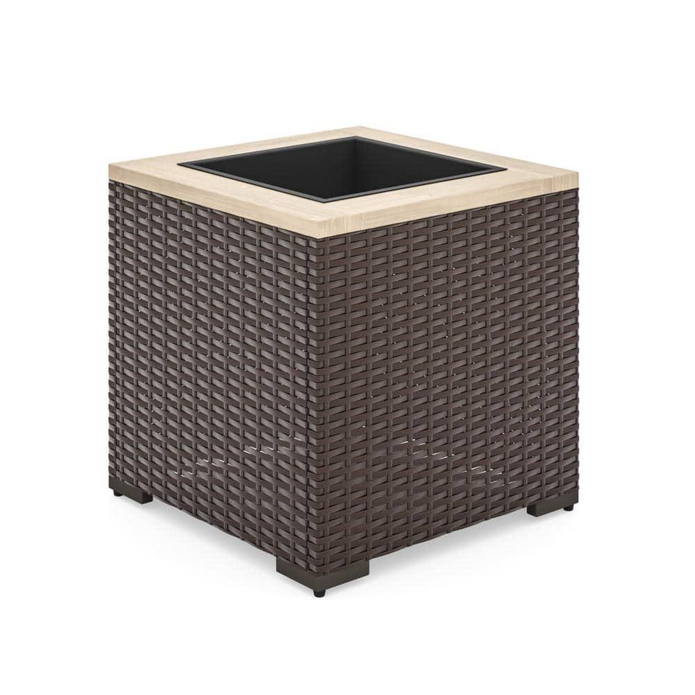 Homestyles Palm Springs Acacia Wood Top and Rattan Outdoor Planter in Dark Brown