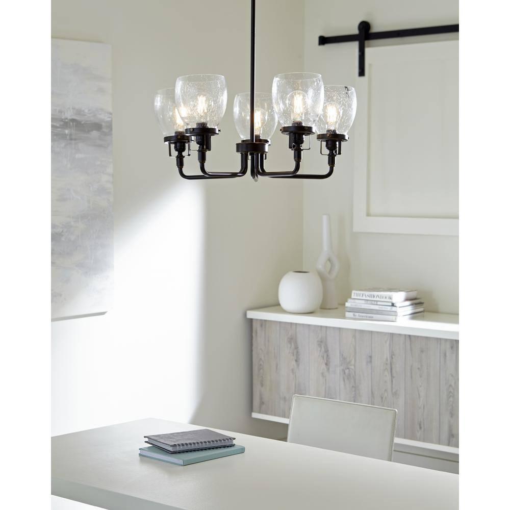 Belton 5-Light Bronze Transitional Industrial Hanging Chandelier with Clear Seeded Glass Shades