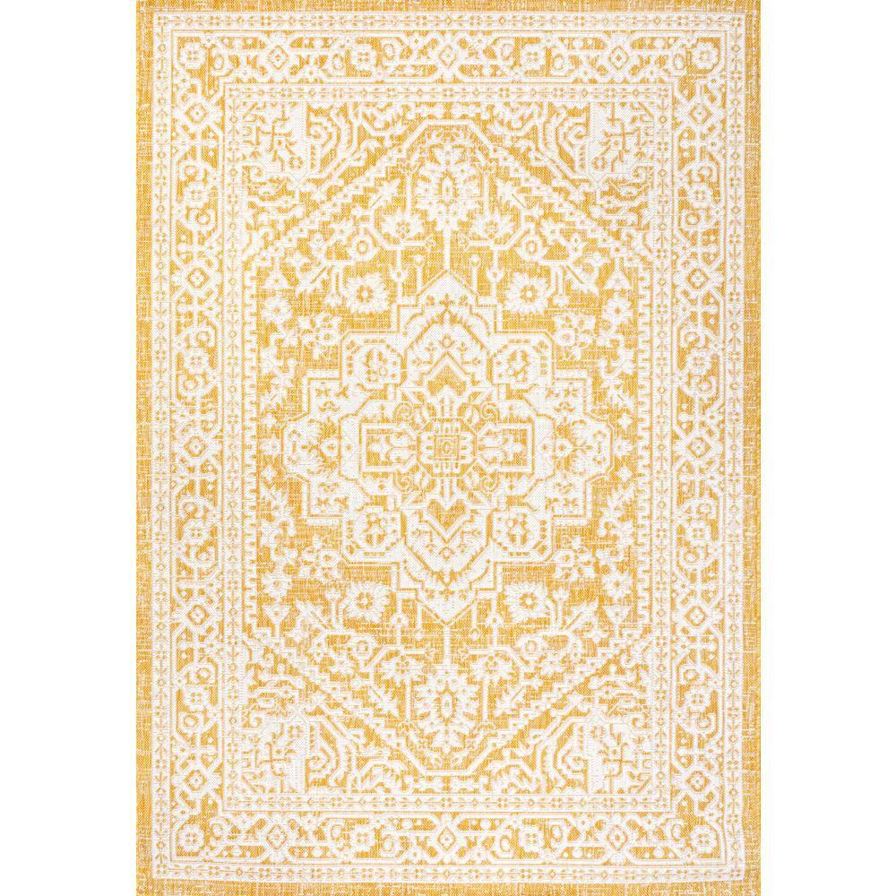 9' x 12' Sinjuri Medallion Textured Weave Indoor/Outdoor Area Rug, Yellow/Cream - JONATHAN Y