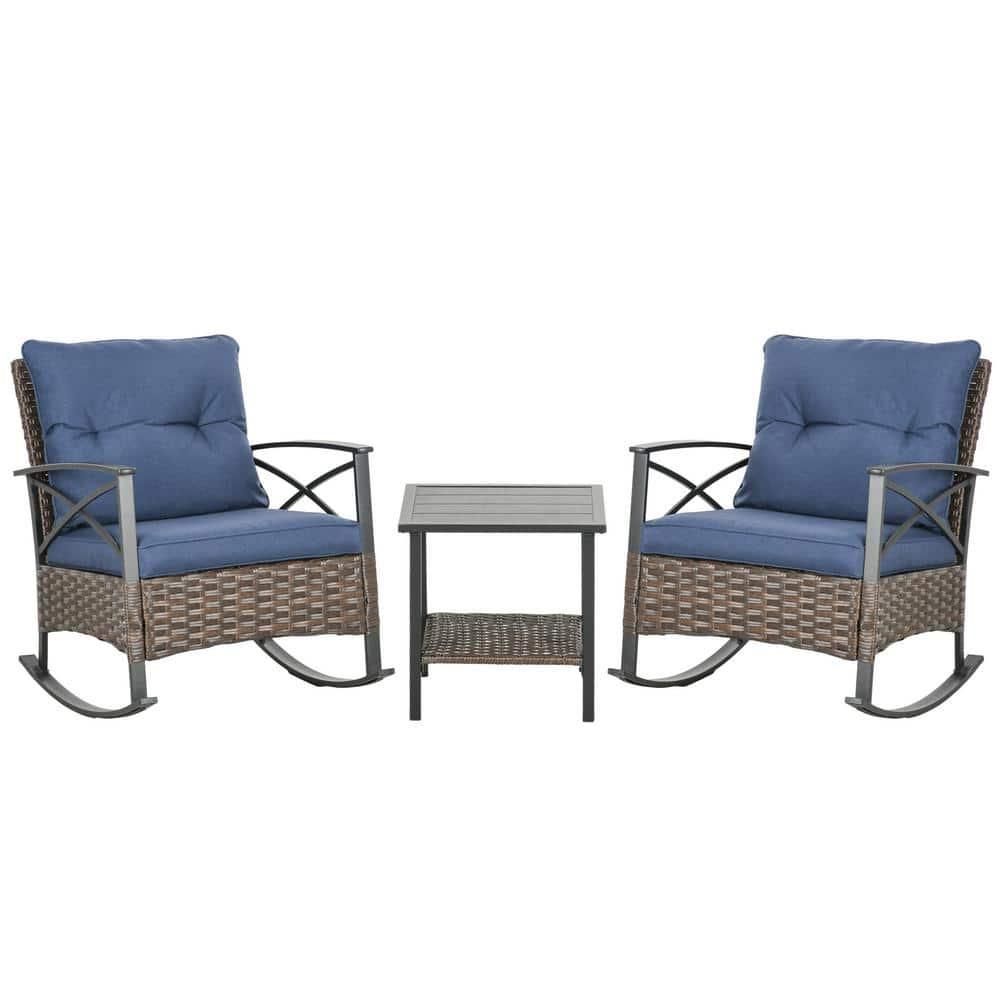 Outsunny 3 Piece Rocking Chair Bistro Set, Outdoor Wicker Porch Conversation Set with 2 Rockers, Table, Tufted Cushions for Garden, Dark Blue
