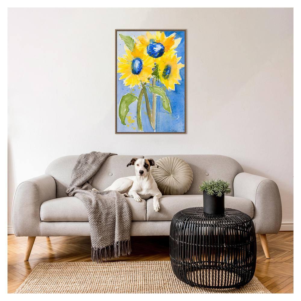 23"x33" Sunflowers by Krinlox Framed Canvas Wall Art Print Bronze - Amanti Art: Modern Botanical Lithograph, Polystyrene Frame