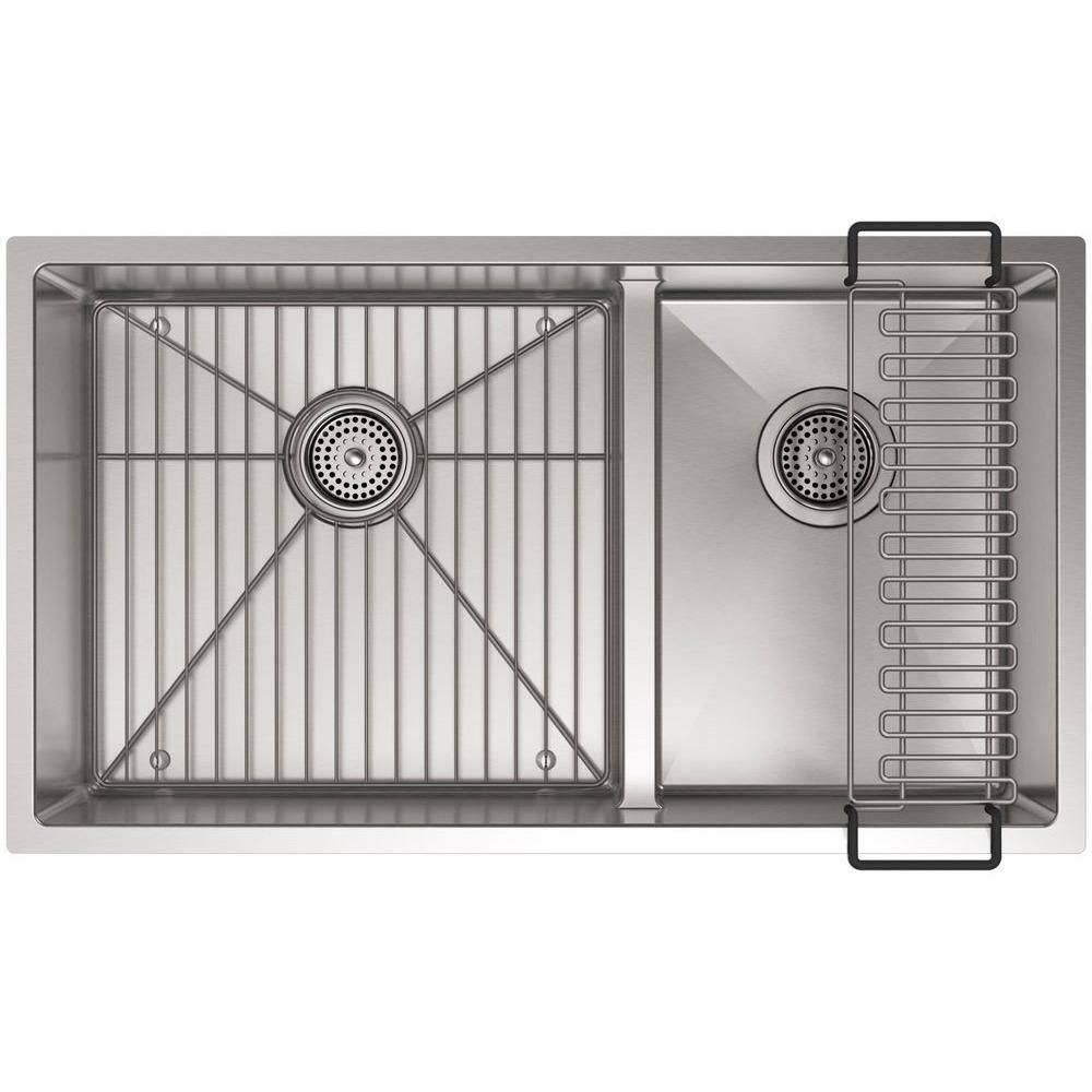Strive 32" L x 18-5/16" W x 9-5/16" Smart Divide Under-Mount Large/Medium Double-Bowl Kitchen Sink with Basin Rack