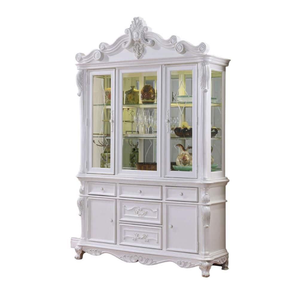 Benjara Zenie Buffet Cabinet and Hutch, Classic Carved Details, White Solid Wood