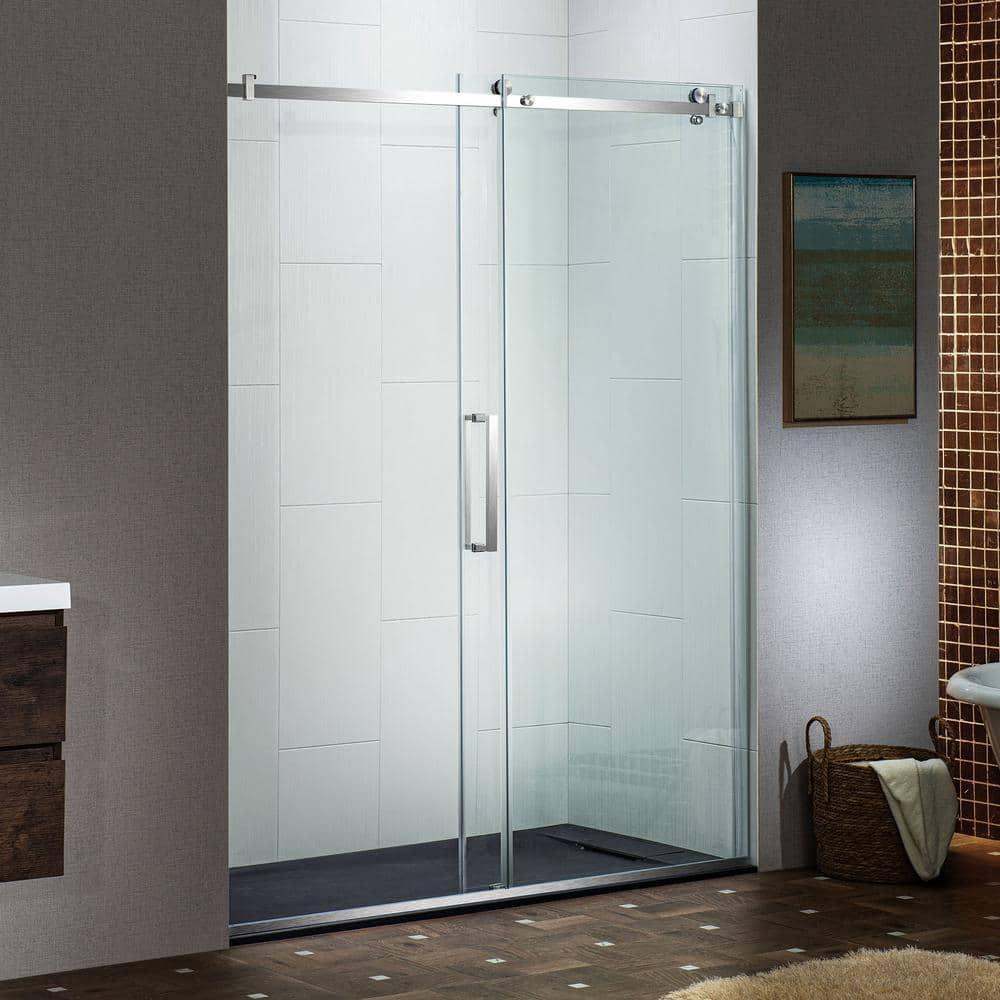 WoodBridge Semi-Frameless Single Sliding Shower Doors, 56-60" W X 76" H With 5/16" Clear Tempered Glass And Explosion-Proof Film MSDF6076-B