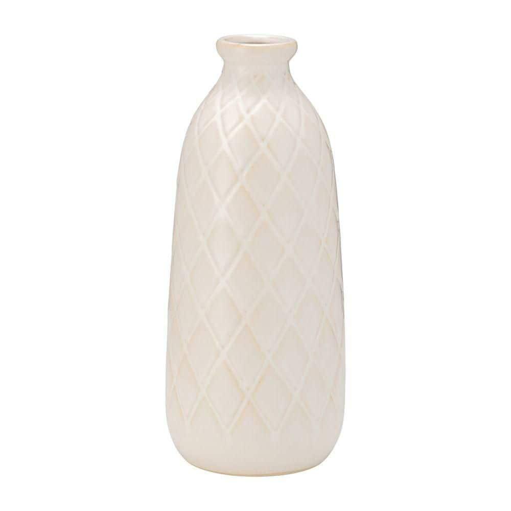 Sagebrook Home 12" Ceramic Vase - Contemporary Plaid Textured Ivory/Beige Vase For Floral Arrangements - Decorative Table Accent for Home or Office