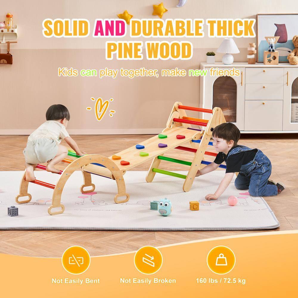 Pikler Triangle Set, 5 in 1 Toddler Climbing Toys Indoor Playground, Ramp, and Arch, Montessori Climbing Set with Triangle, Medium Size Wooden Climbing Gym for Toddlers 1-3 Years, Colorful