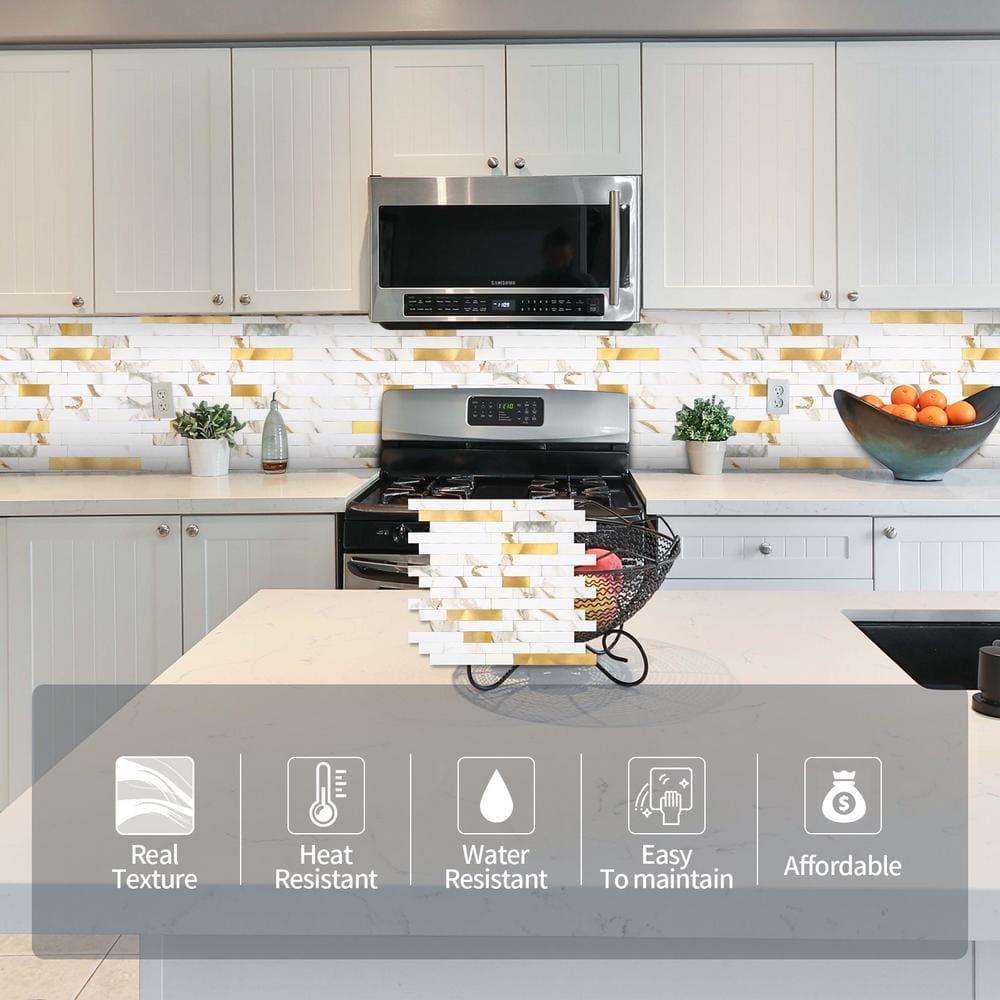 10-Pack Peel and Stick Tile Backsplash 12"X12" PVC Wall Tiles, Stick on Backsplash for Kitchen, Bathroom Tile, Fireplace Décor, Laundry Table, Stair Decals in Cala Golden