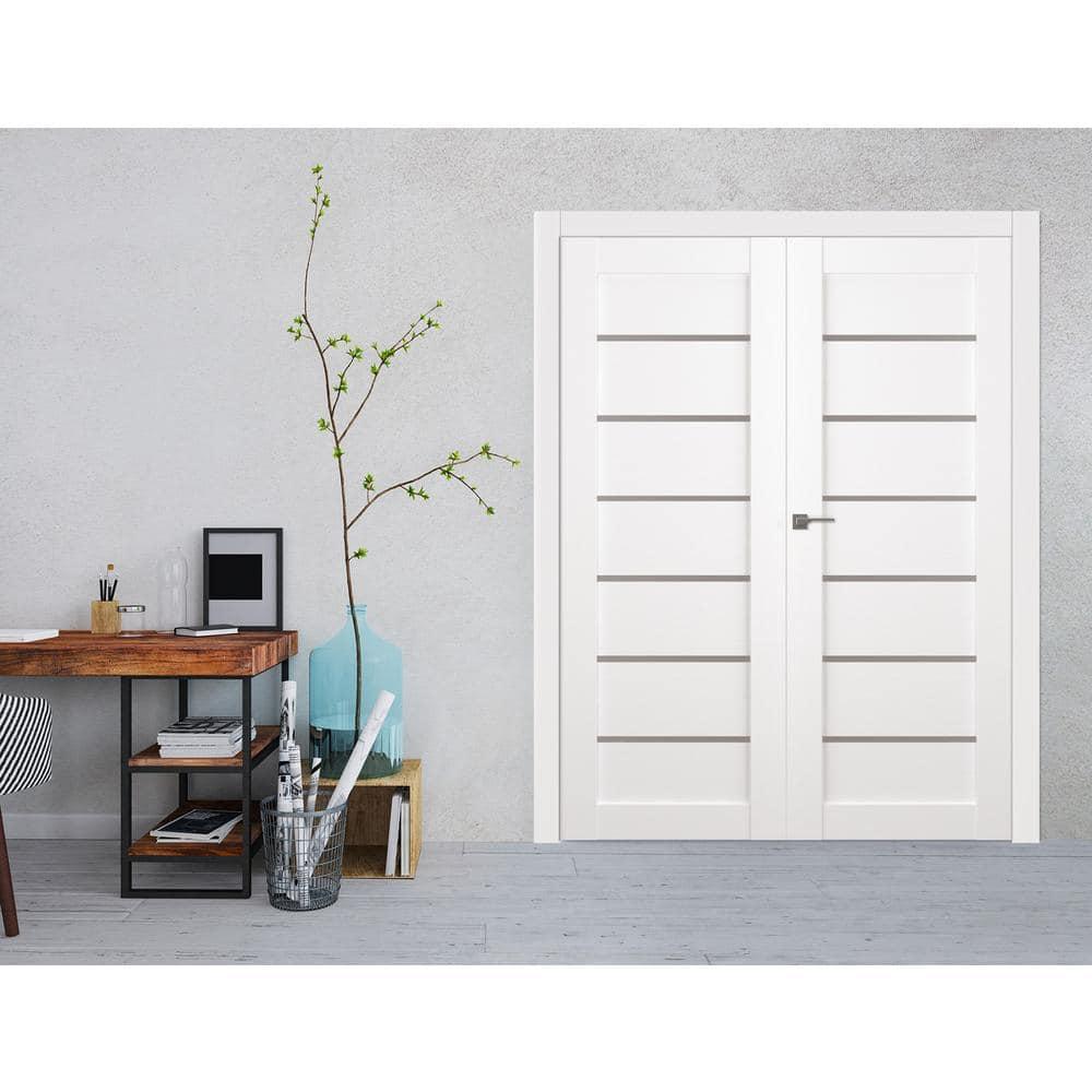 Alba 36 in. x 95.25 in. White Frosted Glass Pine Composite Double Prehung French Door
