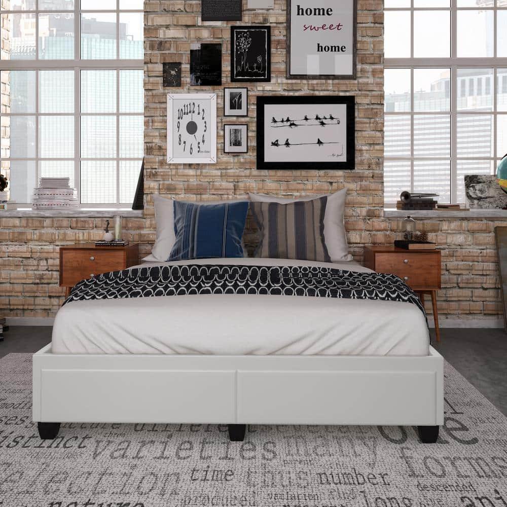 Queen Preston Faux Leather Upholstered Platform Bed Frame with Storage Drawers White - Eco Dream