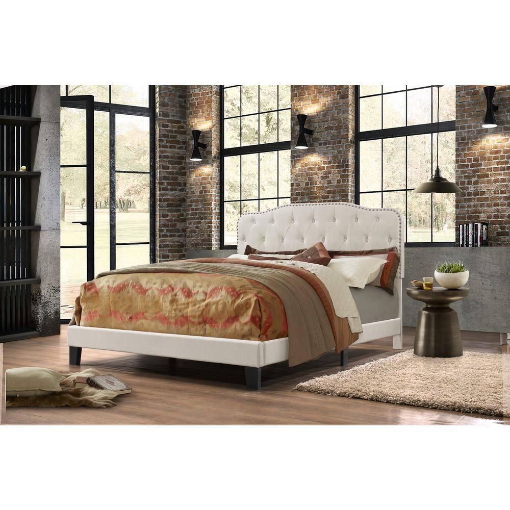 Premier Urban Loft Twin Panel Bed in Fog Beige Linen with Nailhead Trim