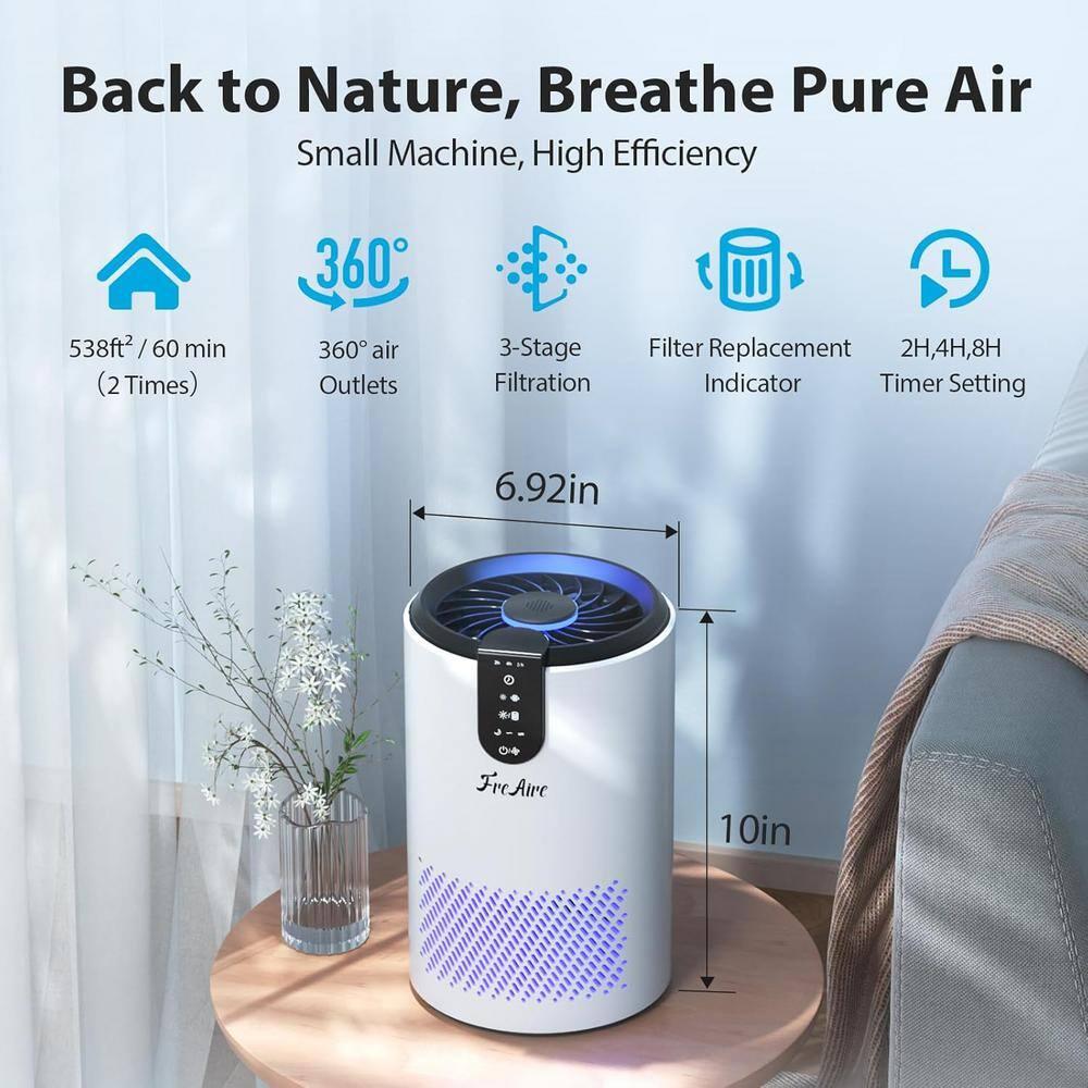 FreAire Air Purifiers for Home, Air Purifier for Bedroom Up to 538 Ft²/h, Room air purifier with 3-in-1 Filter for Dust Dander Odors Smoke, Small Air Purifier with Timer, Sleep Mode for Office Bedroom