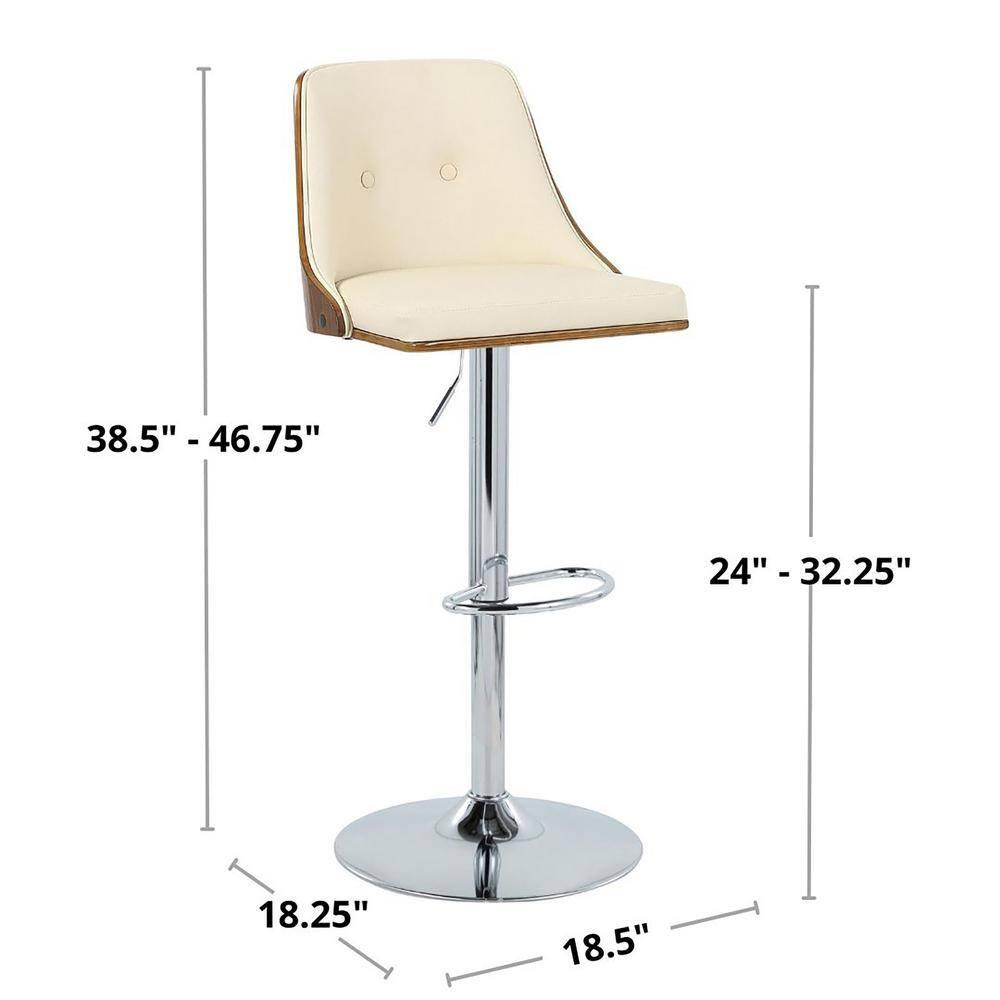 Set of 2 Gianna Adjustable Barstools: Chrome/Walnut/Cream, Swivel, Faux Leather - LumiSource