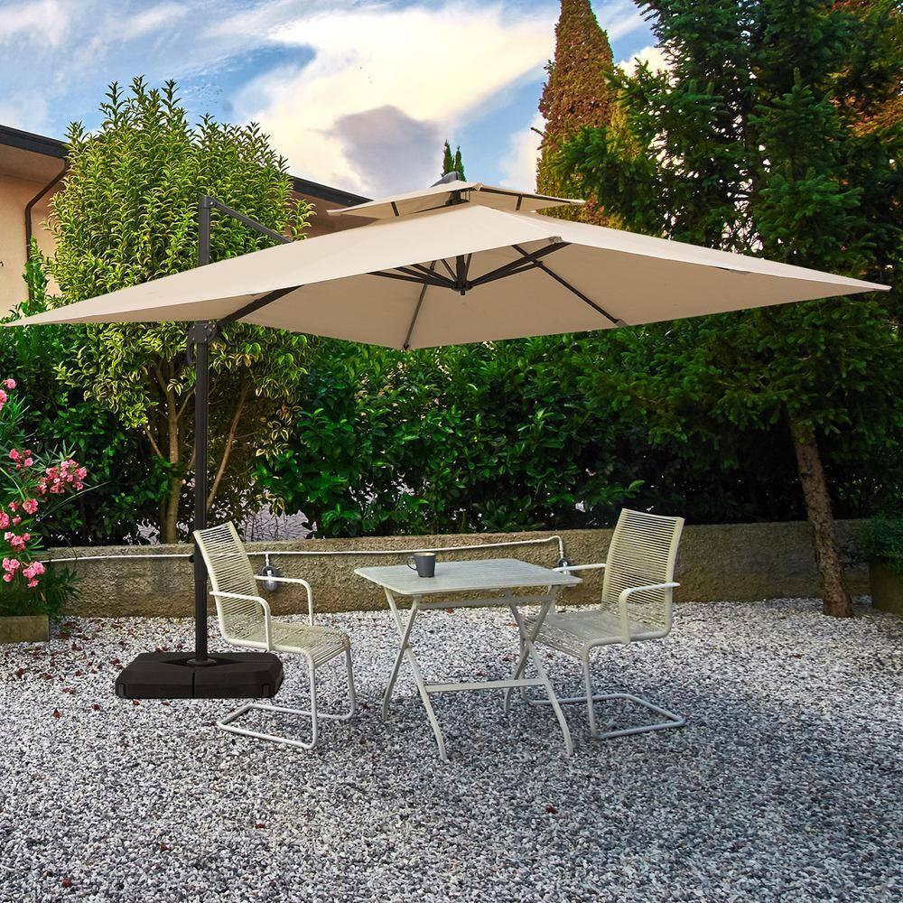 Outsunny 10ft Offset Patio Umbrella with Base, Double Top Hanging Aluminum Cantilever Umbrella with 360-degree Rotation, Easy Tilt, 8 Ribs, Crank, Cross Base, Cover, Strap