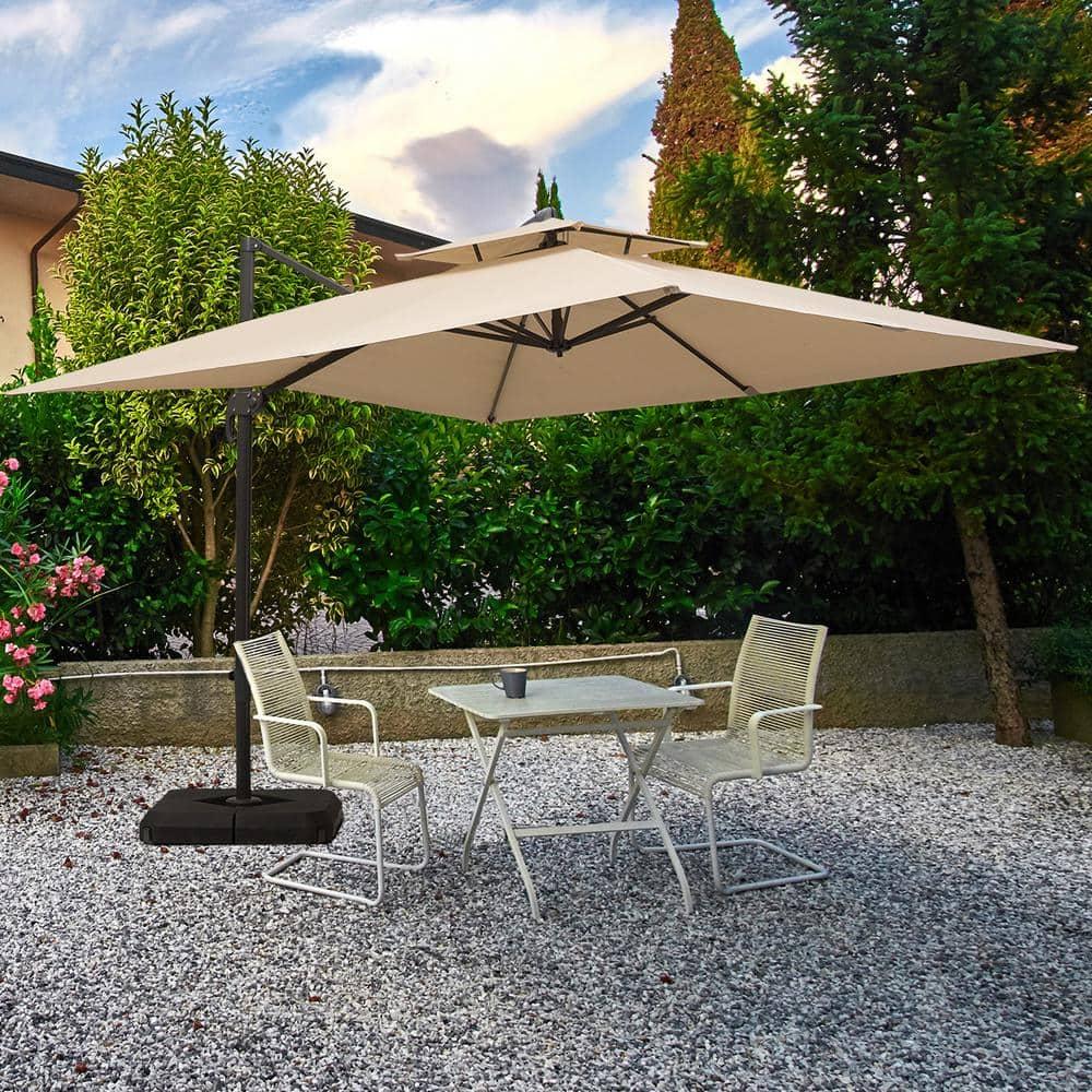 Outsunny 10ft Offset Patio Umbrella with Base, Double Top Hanging Aluminum Cantilever Umbrella with 360-degree Rotation, Easy Tilt, 8 Ribs, Crank, Cross Base, Cover, Strap