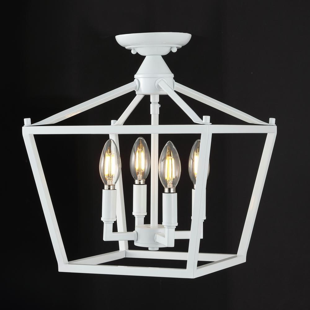 Plains Mini Lantern 12 in. 4-Light Iron Modern Farmhouse LED Flush Mount, White
