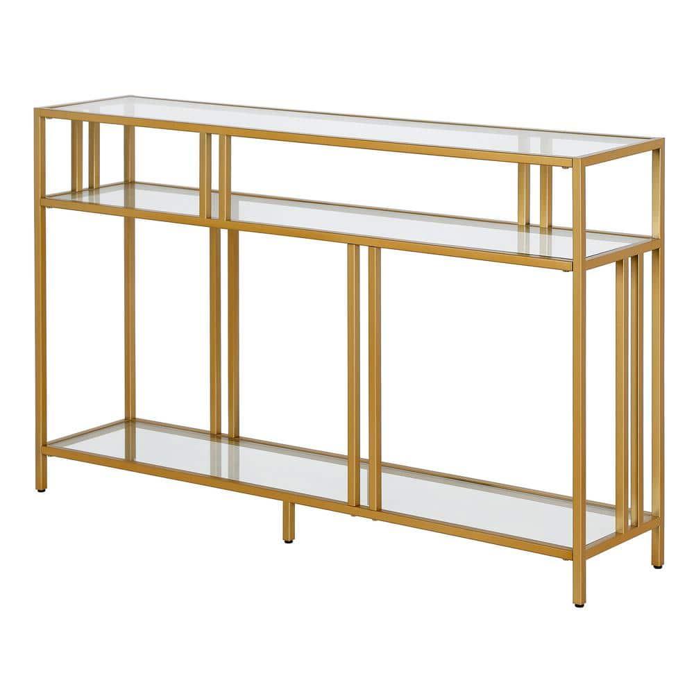 Evelyn&Zoe Cortland 48" Wide Rectangular Console Table with Glass Shelves, Brass