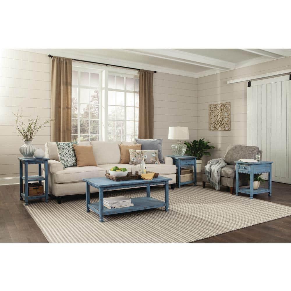 Alaterre Furniture Country Cottage Chairside End Table with 1 Drawer and 1 Shelf, Square Turned Legs, Farmhouse Style for Living Room, Antique Blue Finish