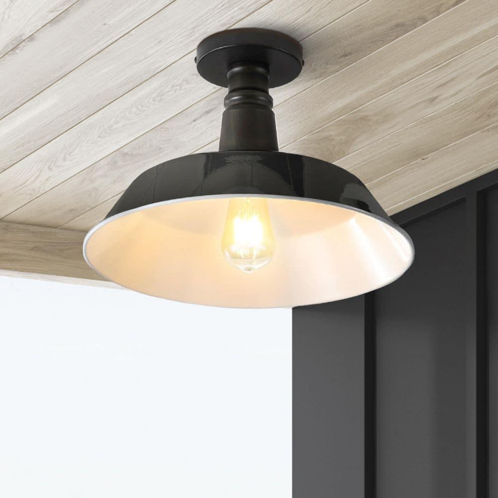 JONATHAN Y Camila 14" 1-Light Classic Industrial Indoor/Outdoor Iron LED Semi Flush Mount, Black/White, JYL7617B