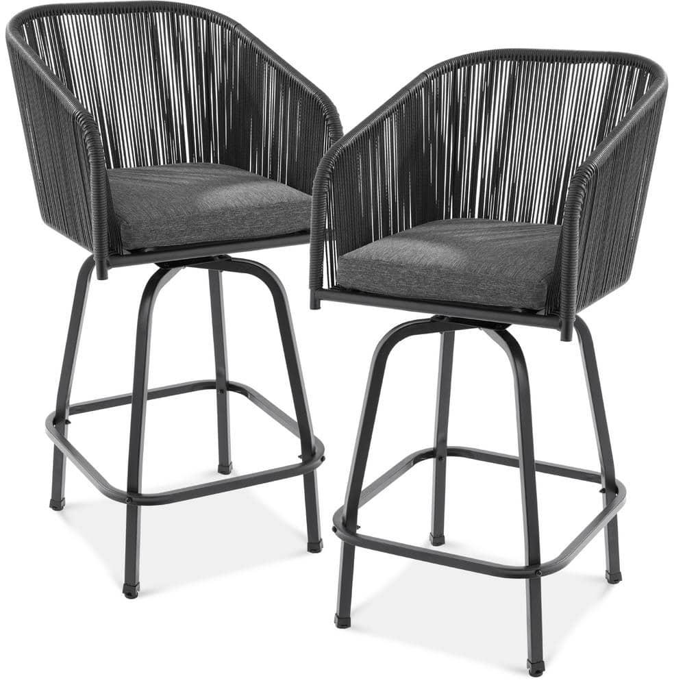 Best Choice Products Set of 2 Woven Wicker Swivel Barstools, Patio Bar Height Chairs w/ 360 Rotation - Black/Gray