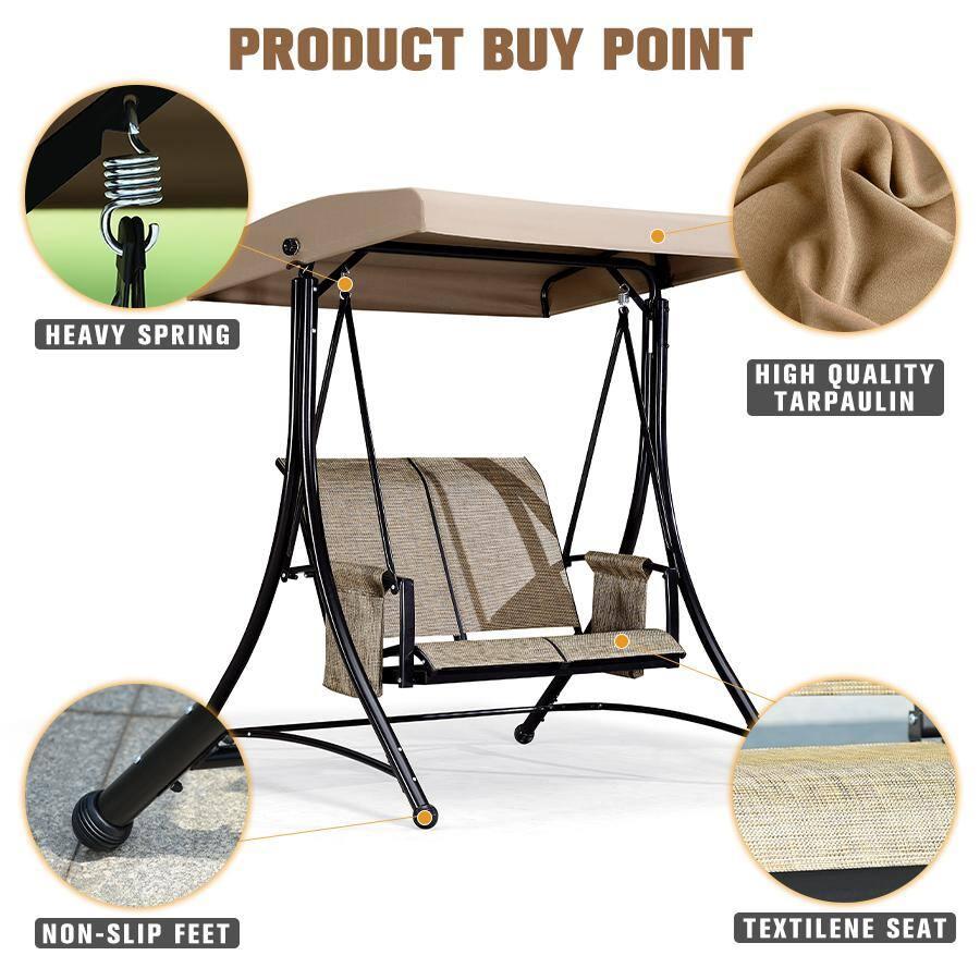 PURPLE LEAF 2-Seat Deluxe Outdoor Patio Porch Swing with Weather Resistant Steel Frame, Adjustable Tilt Canopy, Beige