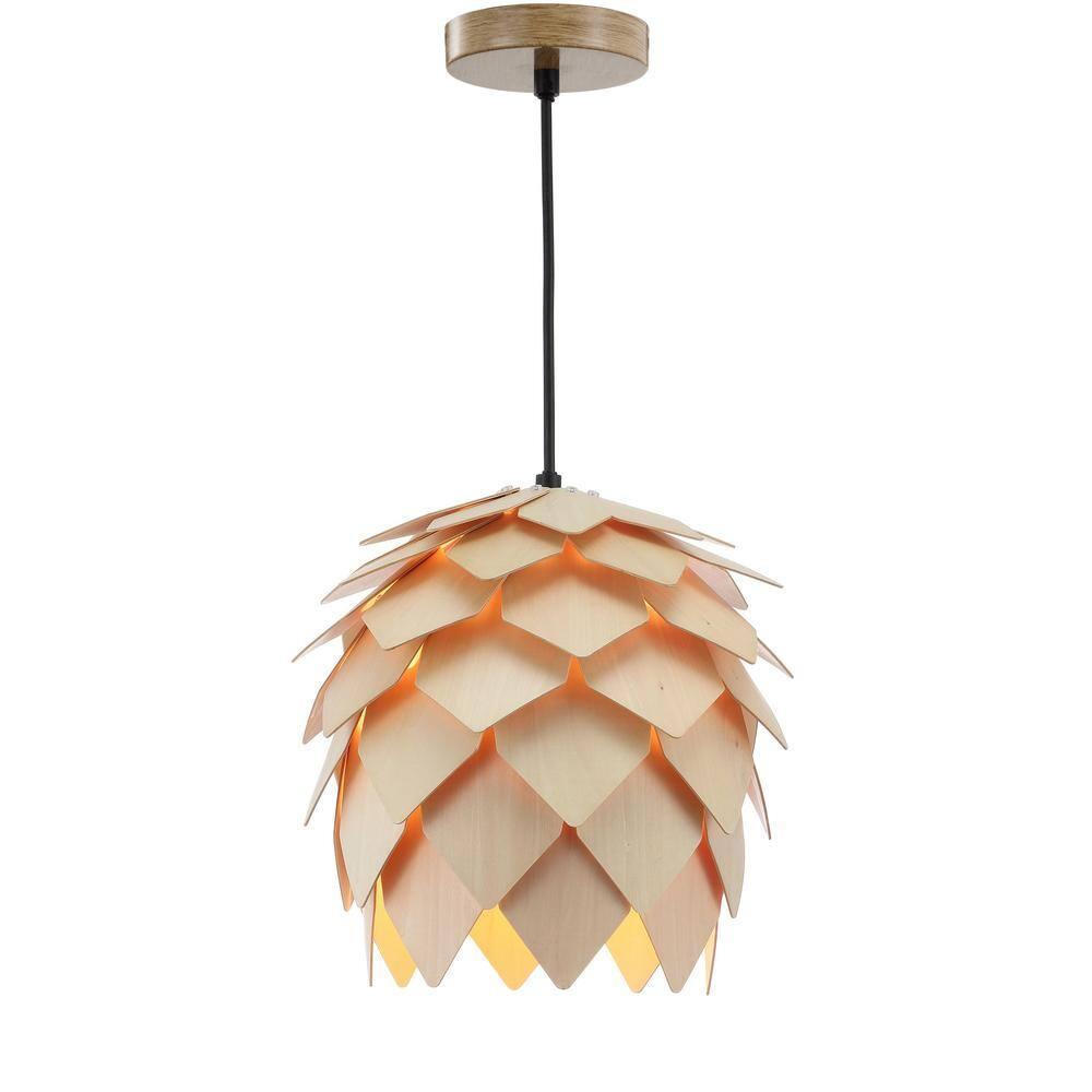 HOZO JYL6125A Simon 11.75" Pinecone Wood LED Pendant Contemporary Dimmable Adjustable Dining Room Living Room Kitchen Foyer Bedroom Hallway, Natural