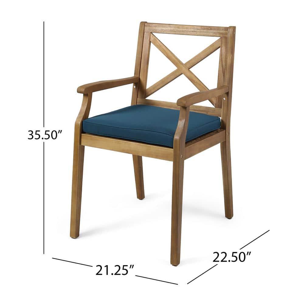 Noble House Perla Wooden Patio Dining Arm Chair in Teak and Blue (Set of 2)