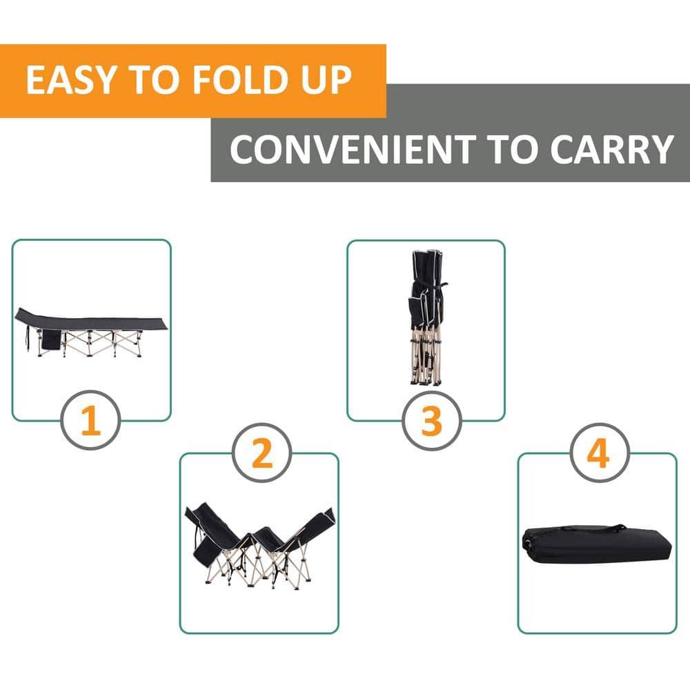 Outsunny Folding Camping Cot for Adults with Carry Bags, Side Pockets, Outdoor Portable Sleeping Bed for Travel Camp Vocation, Black