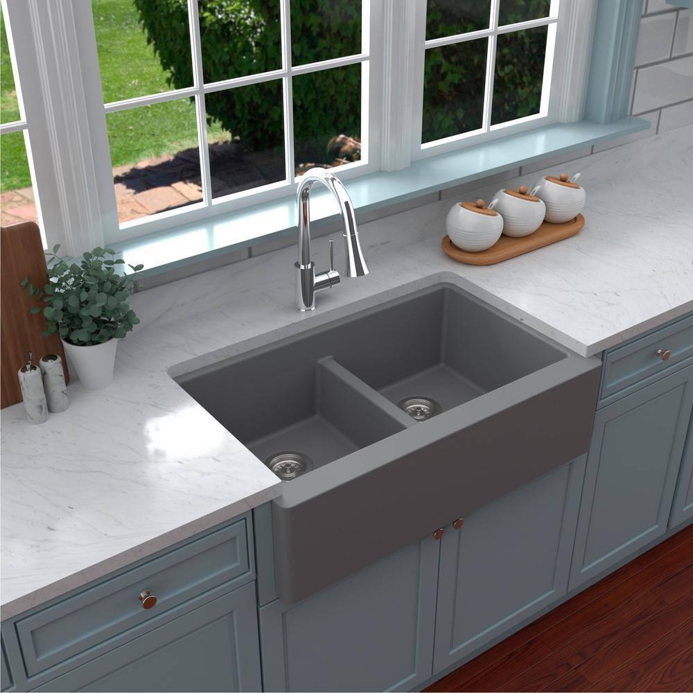 Karran Quartz 34'' X 21-1/4'' 50/50 Double Bowl Farmhouse/Apron Front Kitchen Sink Kit