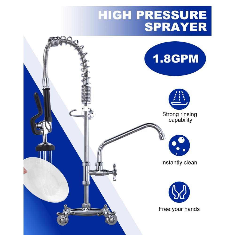 26 in. Commercial 3-Handle Pull Down Kitchen Faucet Wall Mount with Pre Rinse Sprayer in Chrome