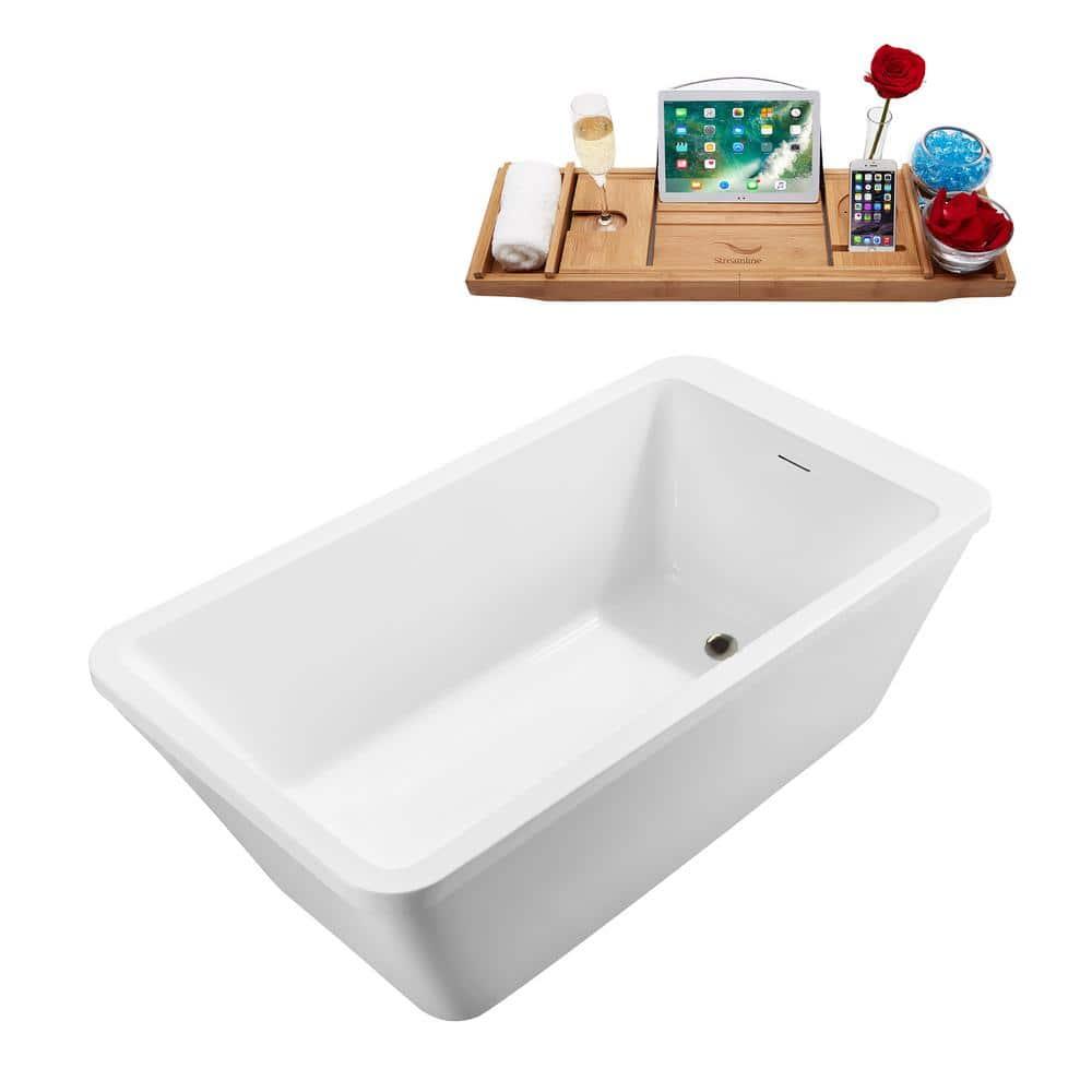 60'' Streamline Freestanding Soaking Acrylic Bathtub With Drain and Bamboo Tray