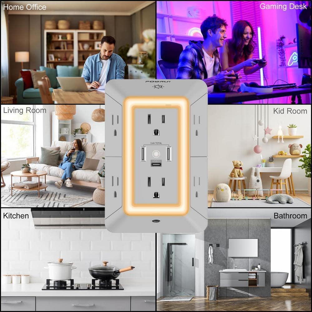 POWRUI Power Strip Surge Protector - 6 AC Outlets With 3 USB Ports (1 USB C), Night Light, 3-Sided Multi Plug Wall Extender With Spaced Outlets - Grey, ETL Listed