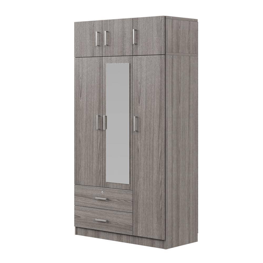 Gray 41.3 in. 3-Door Wooden Wardrobe Armoire with Mirror, 2-Drawers, Shelves, a Hanging Rod, Top Cabinet