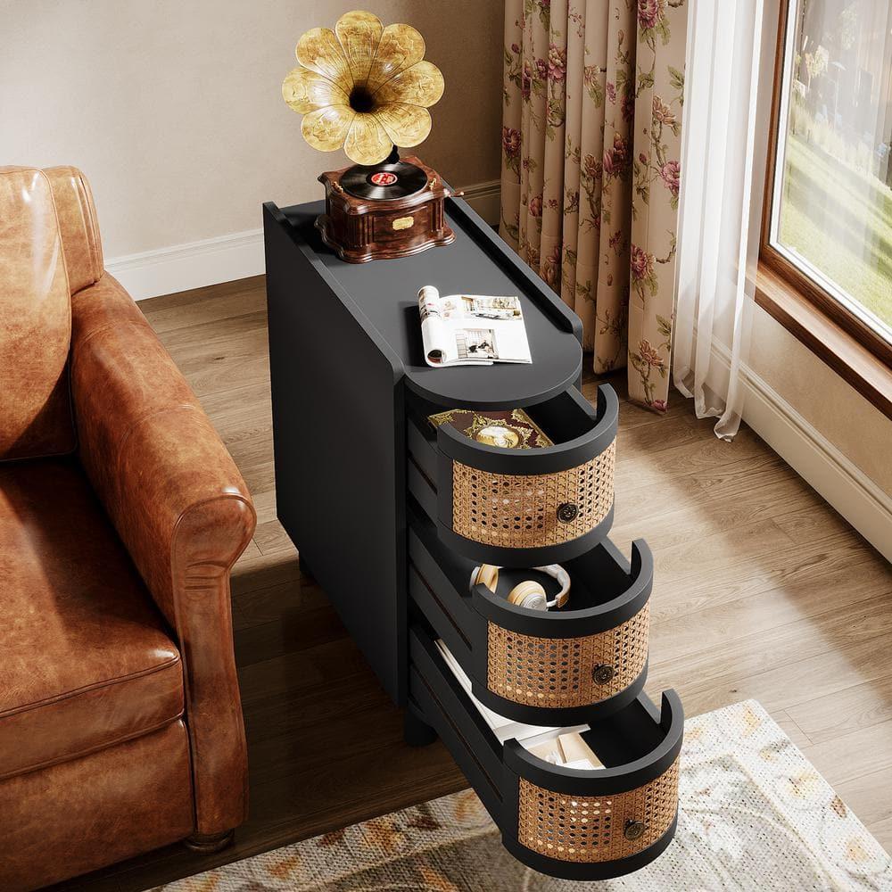 Canddidliike Wood End Table, 3-Drawer Side Table NightStand with 3 Rattan Drawers, End Table for Bedroom, Black