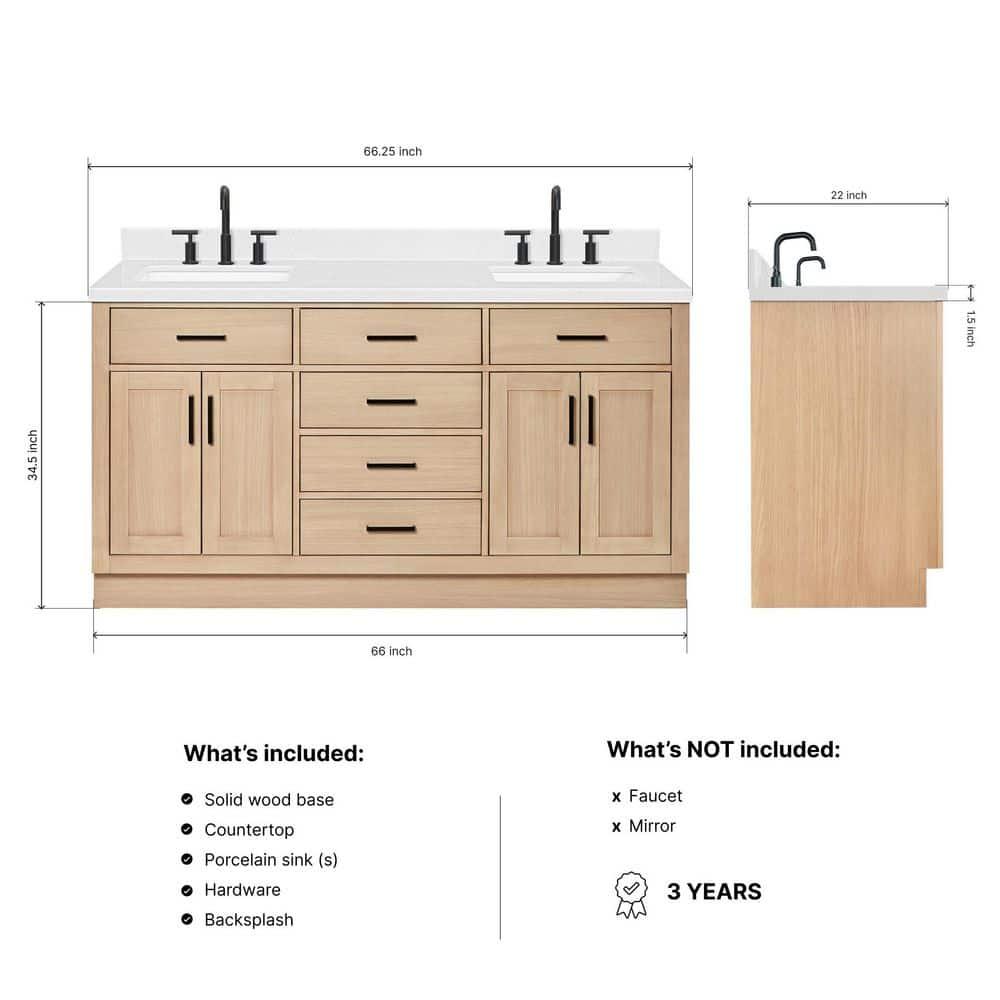 Tidworth 66'' Solid Wood Double Bathroom Vanity with 1.5'' Carrara Quartz Top, Rectangular Sinks