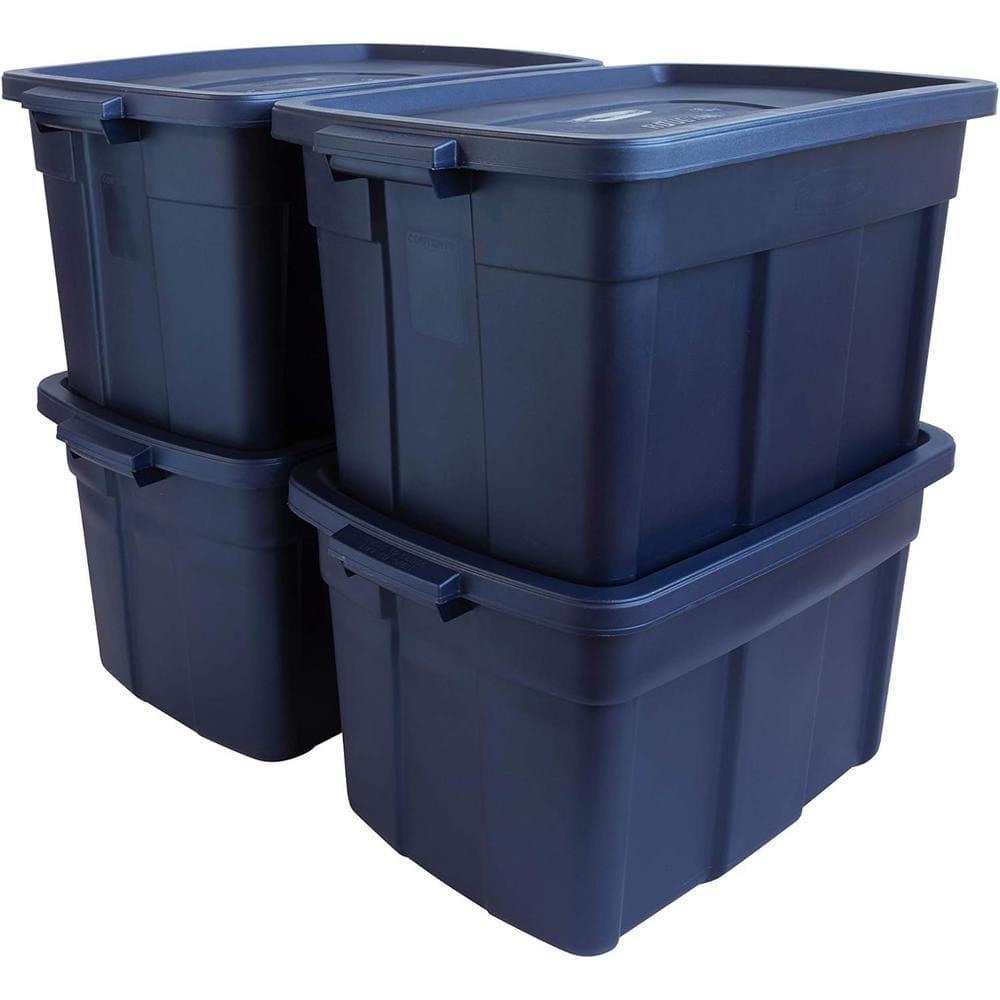 Rubbermaid Roughneck 25 Gallon Rugged Stackable Storage Container with Tight Lid for Indoor or Outdoor Home Organization, Dark Indigo Metallic, 4 Pack