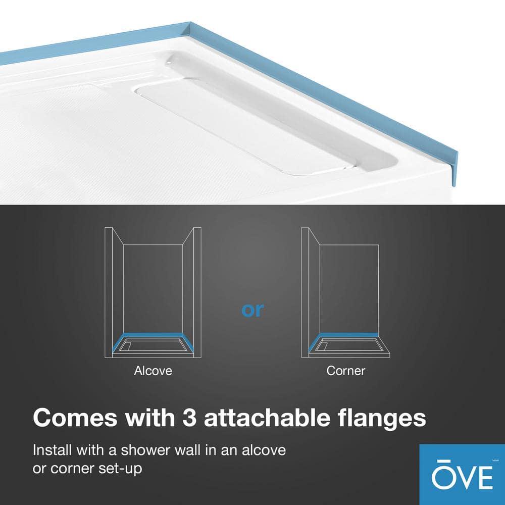 OVE Decors 60" x 34" Rectangle Shower Base Pan, White Acrylic, Hidden Side Drain, Reversible Design