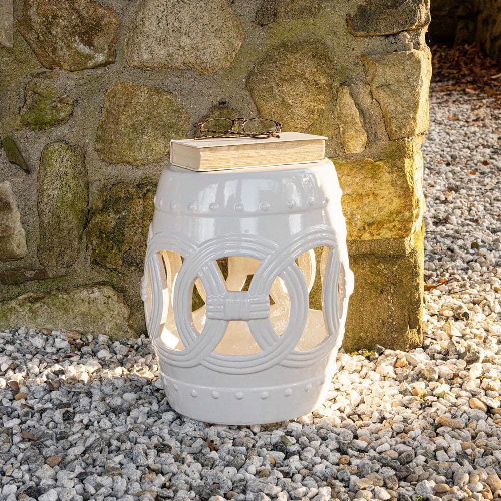 Lucky Coins 16" Eastern-Inspired Ceramic Drum Garden Stool, White - JONATHAN Y