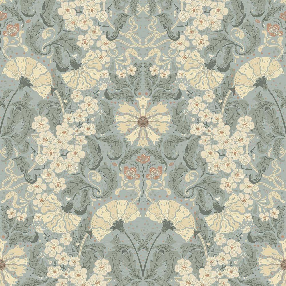Light Blue and Beige Damask Floral Wallpaper Roll