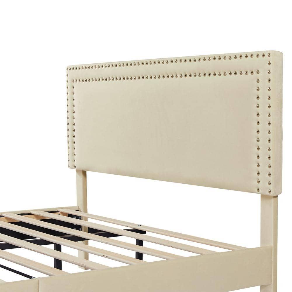 Katkuca Queen Bed Frame, Upholstered Queen Size Platform Bed Frame with Adjustable Headboard, Strong Wood Slat Support, No Box Spring Needed, Beige