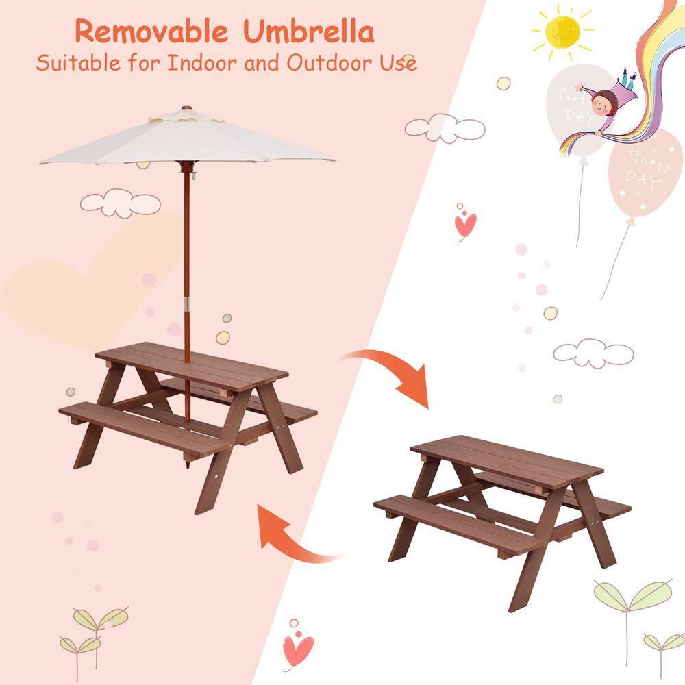 Wooden Outdoor Kids Picnic Table with Umbrella and Bench