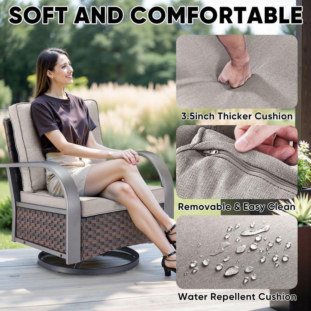 POCASSY 5PCS Outdoor Patio Furniture Set All-Weather Wicker Couch with Patio Swivel Rocking Outdoor Chairs and Multi-Functional Ottomans, Patio Conversation Set for Backyard Garden Balcony, Beige