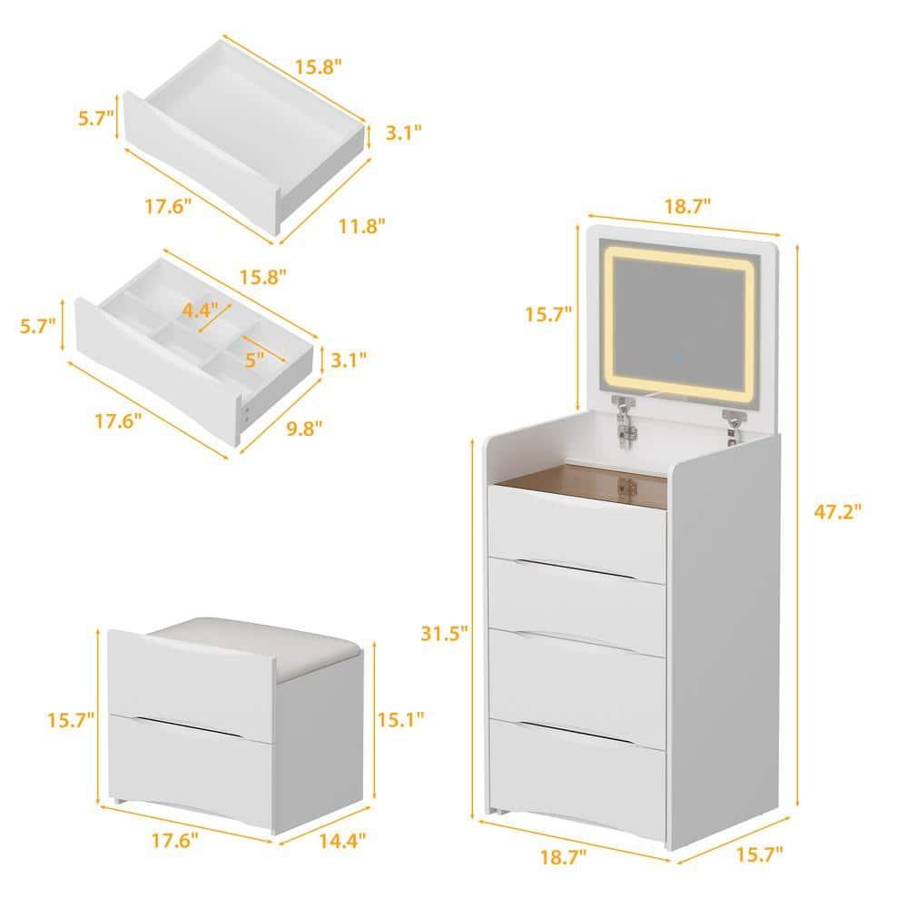 Joqixon Vanity Desk with Flip Top Mirror and Lights, Makeup Vanity Set with Glass Shelf, Space Saving Dressing Table with 3 Drawers & Cushion Stool for Bedroom, White