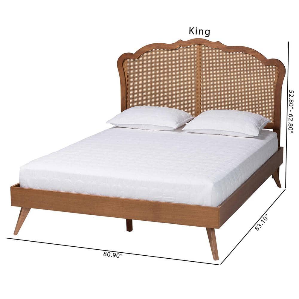 Baxton Studio King Aithan Wood and Rattan Platform Bed Walnut Brown
