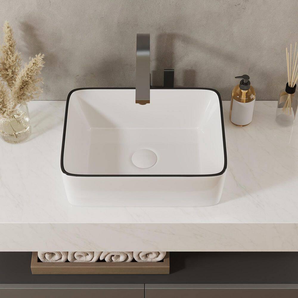 DeerValley DV-1V0317 Deervalley Liberty 16'' X 12'' Rectangular Vitreous China Vessel Bathroom Sink, White With Black Striped Edge